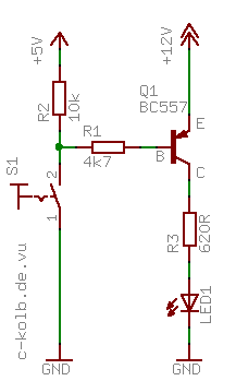 Schaltplan: Schalten einer LED mit einem PNP-Transistor (FALSCH!)